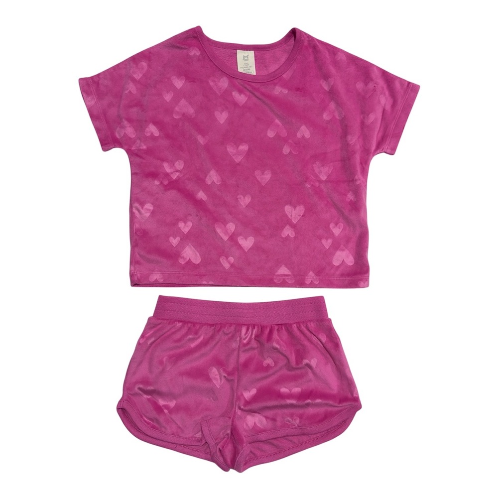 Member's Mark Girls Pink Heart Fleece Cozy Pajama Set 2pc Shorts Top Size M 7/8